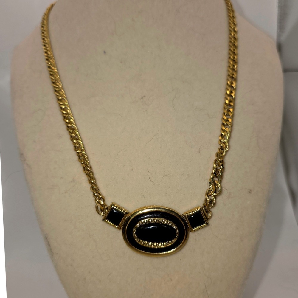 1928 Jewelry Co Necklace Gold Black Good Cond. Vintage Pendant Swirl Back